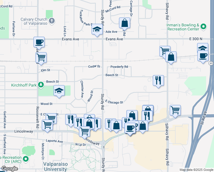 map of restaurants, bars, coffee shops, grocery stores, and more near 512 Sturdy Road in Valparaiso