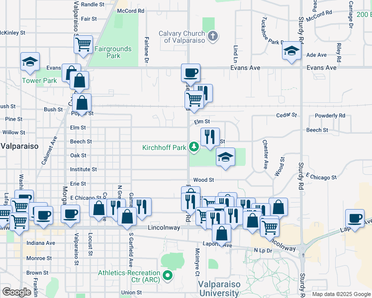 map of restaurants, bars, coffee shops, grocery stores, and more near 1015 Beech Street in Valparaiso