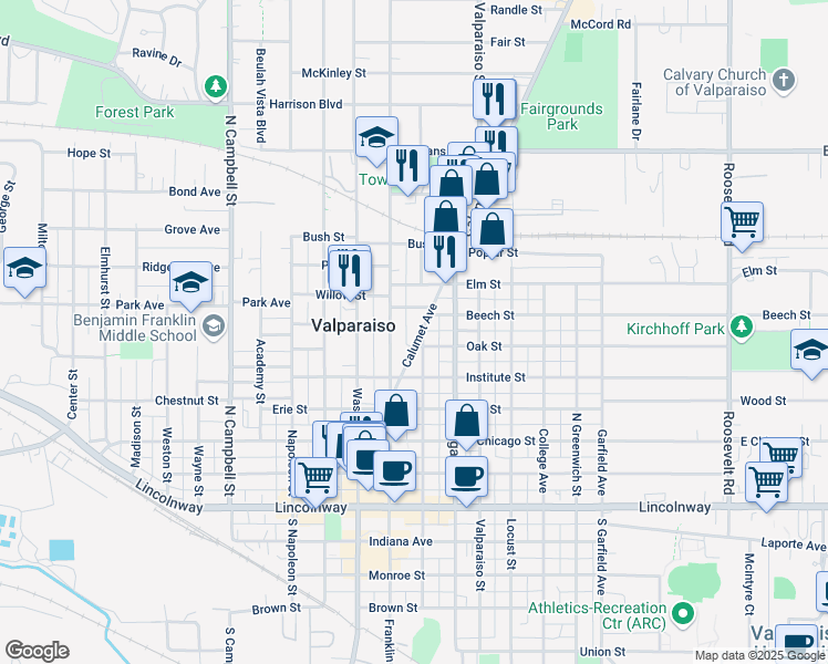 map of restaurants, bars, coffee shops, grocery stores, and more near 156-250 Hickory St in Valparaiso