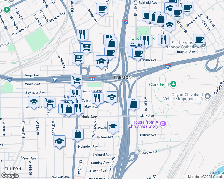 map of restaurants, bars, coffee shops, grocery stores, and more near 1621 Mentor Avenue in Cleveland