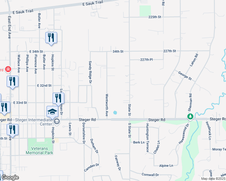 map of restaurants, bars, coffee shops, grocery stores, and more near 23225 Wentworth Avenue in Steger