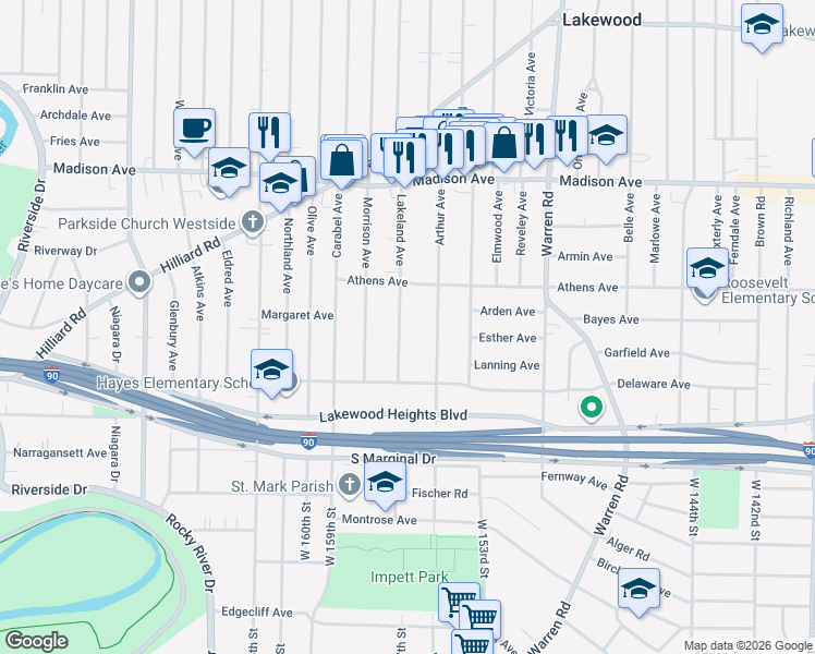 map of restaurants, bars, coffee shops, grocery stores, and more near 2133 Lakeland Avenue in Lakewood