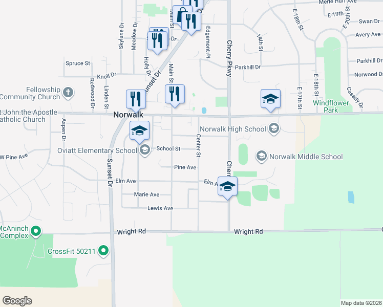 map of restaurants, bars, coffee shops, grocery stores, and more near 610 Center Street in Norwalk