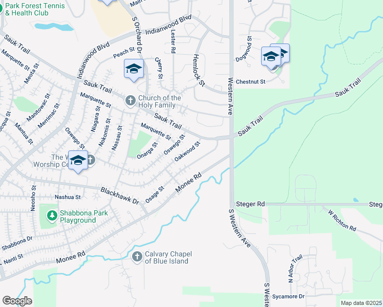 map of restaurants, bars, coffee shops, grocery stores, and more near 307 Oswego Street in Park Forest