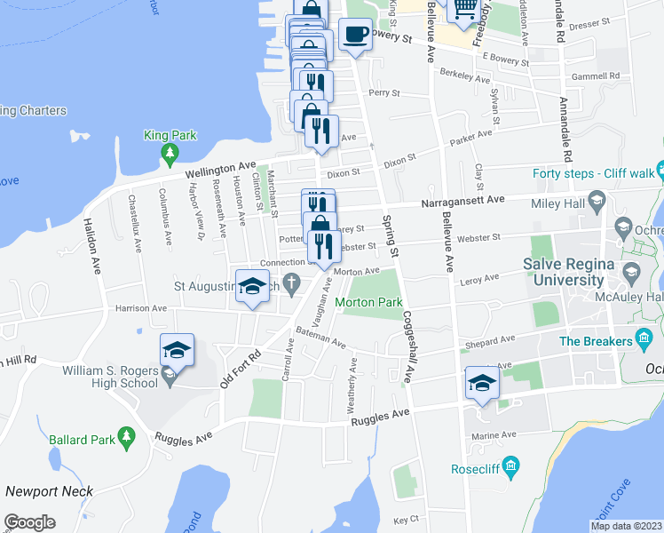 map of restaurants, bars, coffee shops, grocery stores, and more near 8 Morton Avenue in Newport