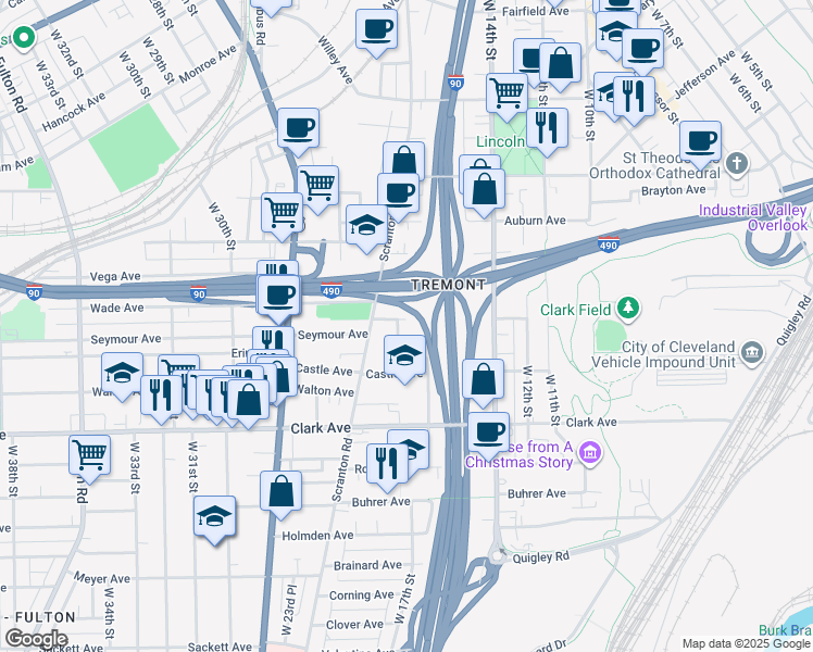 map of restaurants, bars, coffee shops, grocery stores, and more near 1621 Mentor Avenue in Cleveland