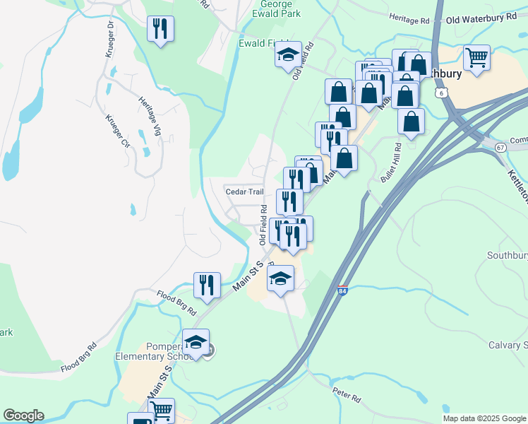 map of restaurants, bars, coffee shops, grocery stores, and more near 33 Old Field Road in Southbury