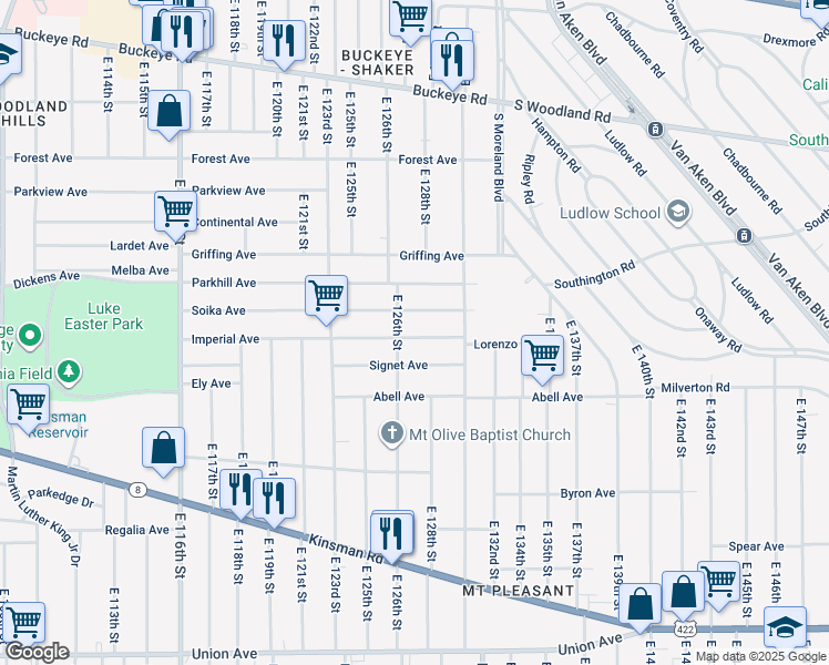 map of restaurants, bars, coffee shops, grocery stores, and more near 12617 Imperial Avenue in Cleveland