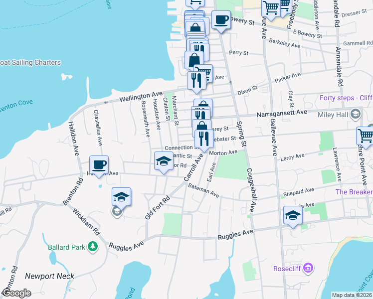 map of restaurants, bars, coffee shops, grocery stores, and more near 6 Lucas Avenue in Newport