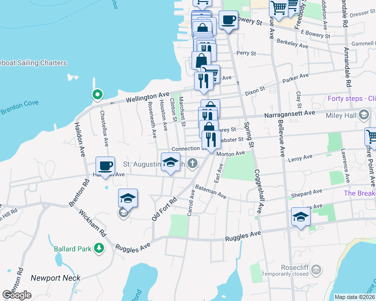 map of restaurants, bars, coffee shops, grocery stores, and more near 61 Marchant Street in Newport