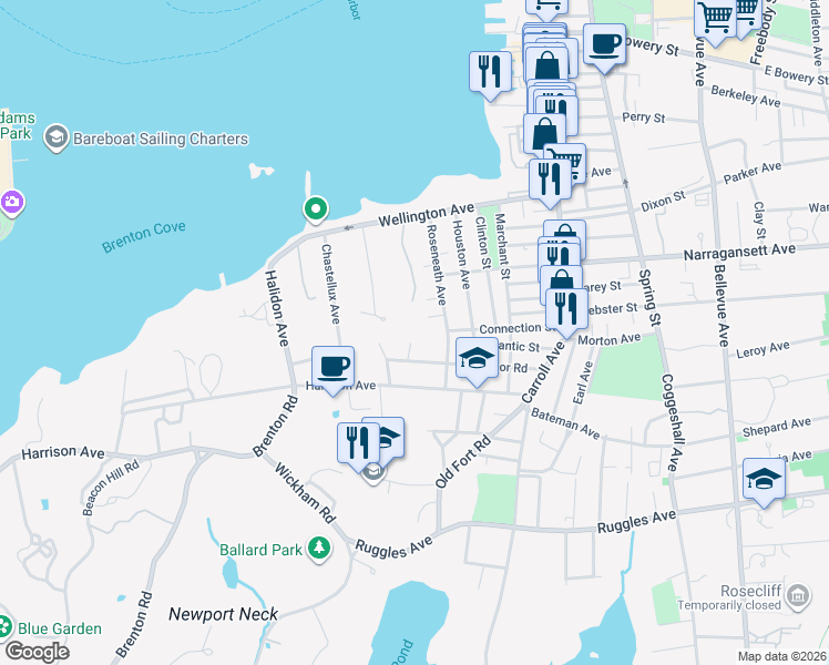 map of restaurants, bars, coffee shops, grocery stores, and more near 6 Conrad Court in Newport