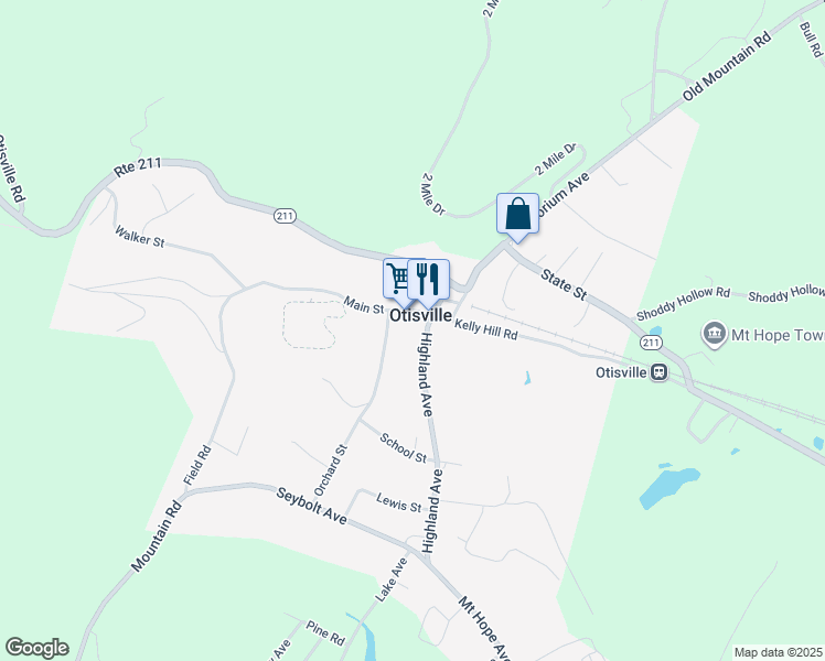 map of restaurants, bars, coffee shops, grocery stores, and more near 9 Main Street in Otisville