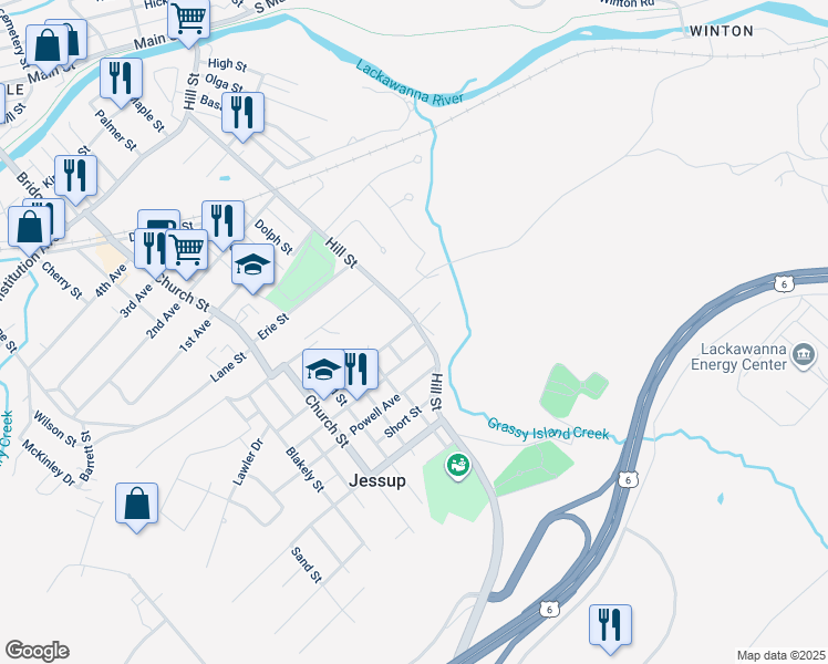 map of restaurants, bars, coffee shops, grocery stores, and more near 806 Hill St in Jessup