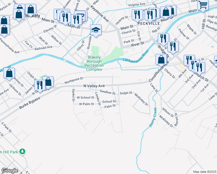 map of restaurants, bars, coffee shops, grocery stores, and more near 832 N Valley Ave in Olyphant