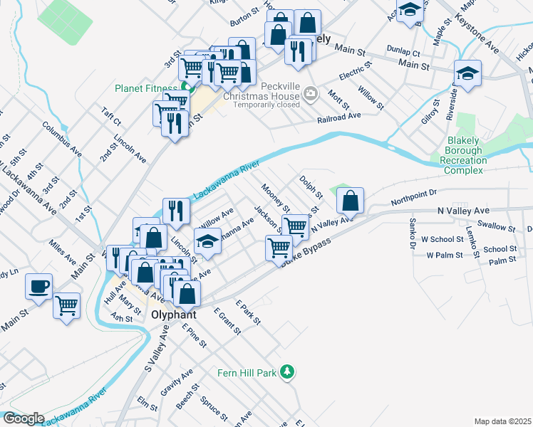 map of restaurants, bars, coffee shops, grocery stores, and more near 617 Susquehanna Avenue in Olyphant