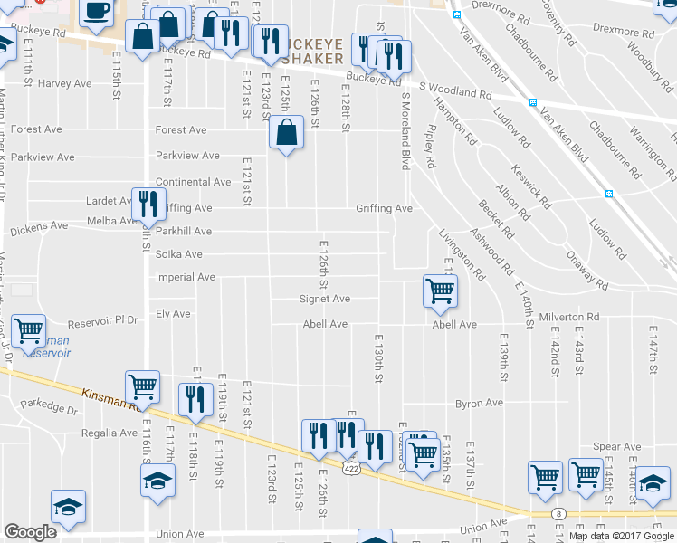 map of restaurants, bars, coffee shops, grocery stores, and more near 12610 Soika Avenue in Cleveland