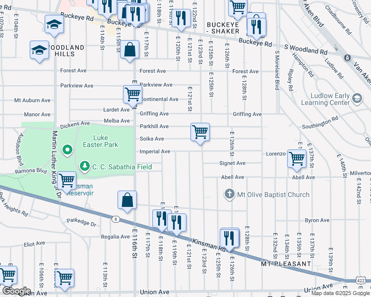 map of restaurants, bars, coffee shops, grocery stores, and more near 12106 Soika Avenue in Cleveland