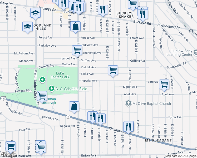 map of restaurants, bars, coffee shops, grocery stores, and more near 11910 Soika Avenue in Cleveland