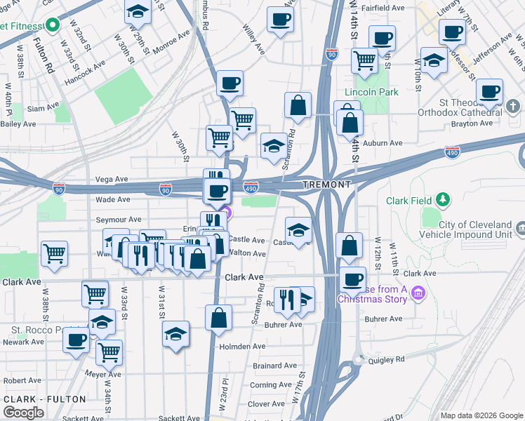 map of restaurants, bars, coffee shops, grocery stores, and more near 212 Wade Avenue in Cleveland