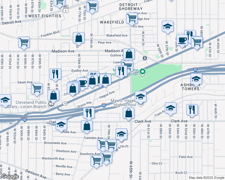 map of restaurants, bars, coffee shops, grocery stores, and more near 7008 Lorain Avenue in Cleveland