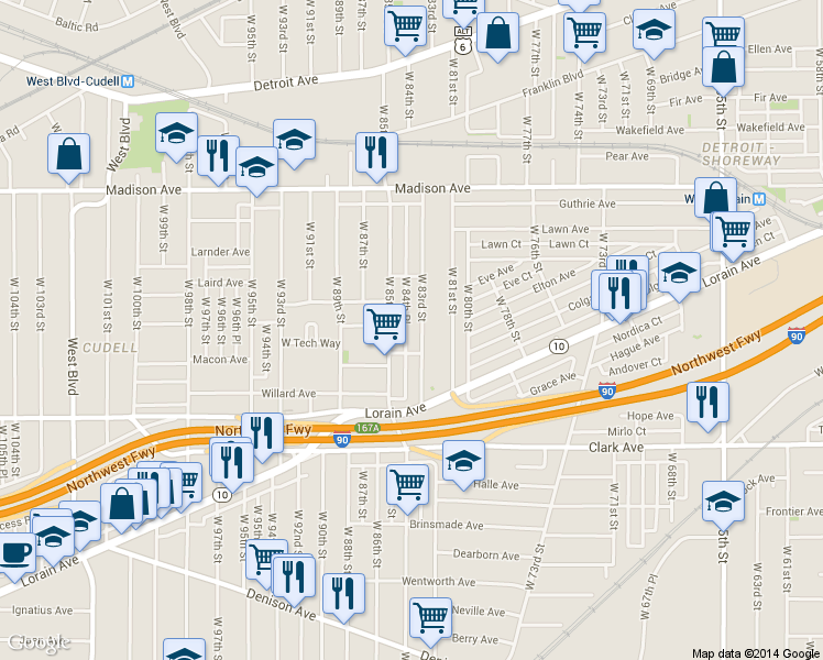 map of restaurants, bars, coffee shops, grocery stores, and more near 2133 West 84th Place in Cleveland