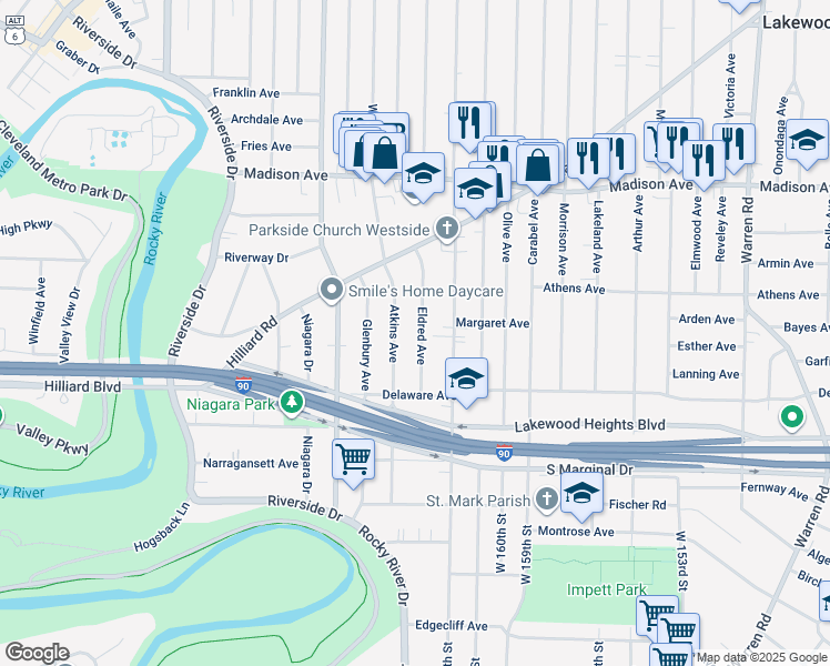 map of restaurants, bars, coffee shops, grocery stores, and more near 2166 Eldred Avenue in Lakewood