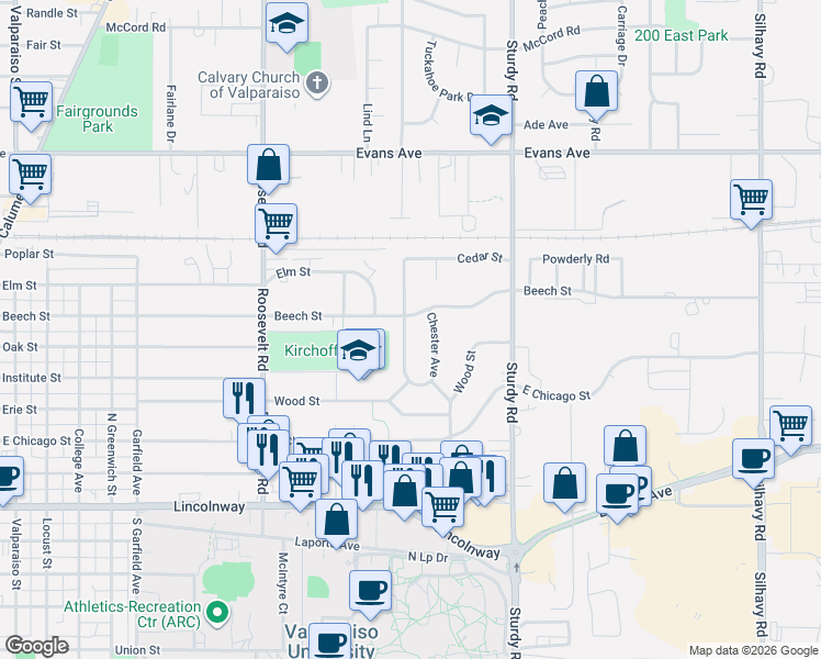 map of restaurants, bars, coffee shops, grocery stores, and more near 1703 Beech Street in Valparaiso