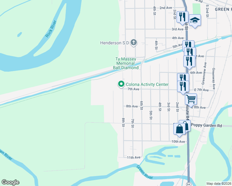 map of restaurants, bars, coffee shops, grocery stores, and more near 617 8th Street in Colona