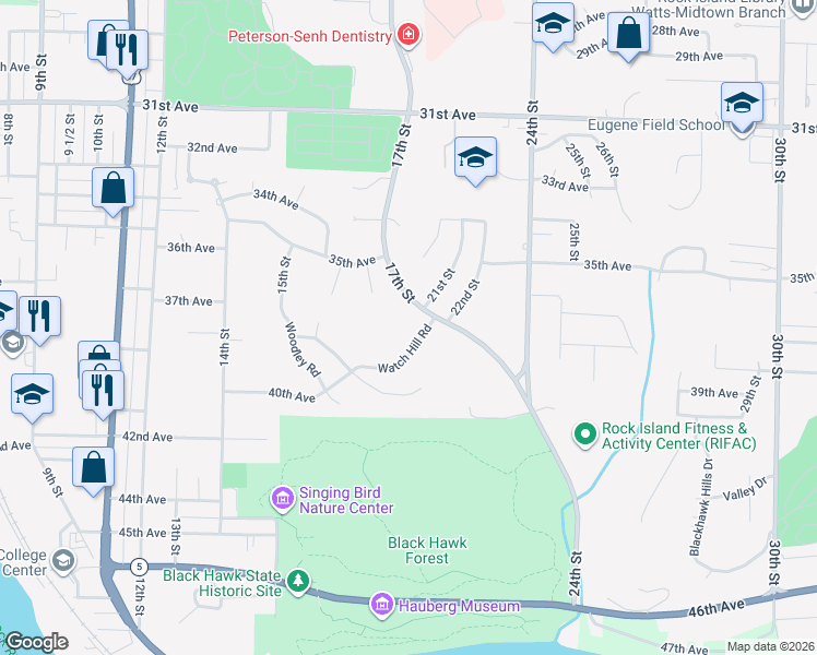 map of restaurants, bars, coffee shops, grocery stores, and more near 3600-3698 17th Street in Rock Island