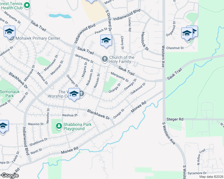 map of restaurants, bars, coffee shops, grocery stores, and more near 336 Onarga Street in Park Forest