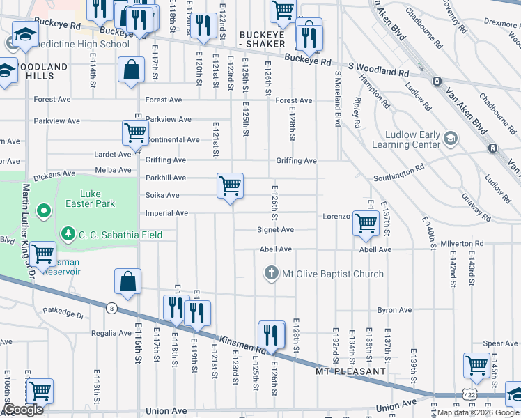 map of restaurants, bars, coffee shops, grocery stores, and more near 12420 Soika Avenue in Cleveland