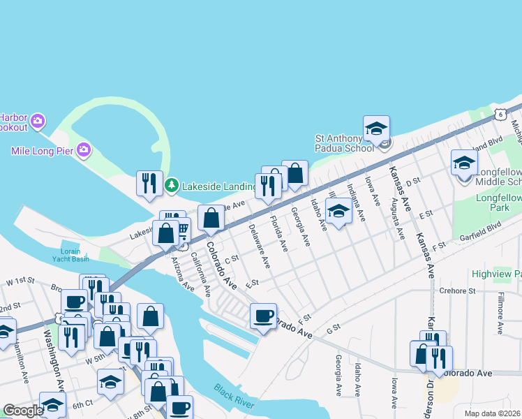 map of restaurants, bars, coffee shops, grocery stores, and more near 2 Andress Court in Lorain