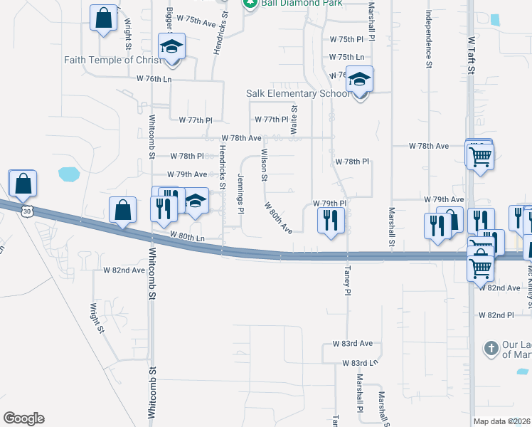 map of restaurants, bars, coffee shops, grocery stores, and more near 3361 W 80th Ave in Merrillville