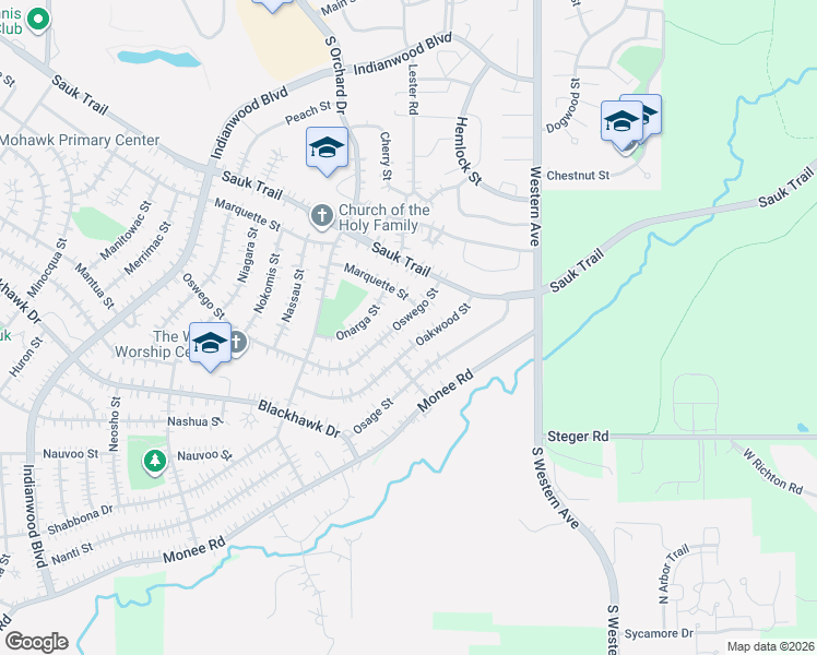map of restaurants, bars, coffee shops, grocery stores, and more near 310 Oswego Street in Park Forest