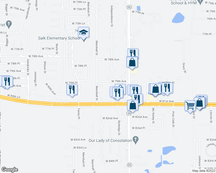 map of restaurants, bars, coffee shops, grocery stores, and more near 7904 Independence Street in Merrillville