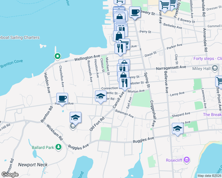 map of restaurants, bars, coffee shops, grocery stores, and more near 61 Marchant Street in Newport
