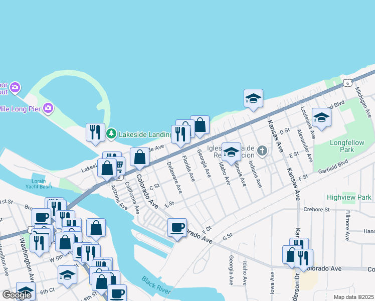 map of restaurants, bars, coffee shops, grocery stores, and more near 824 East Erie Avenue in Lorain