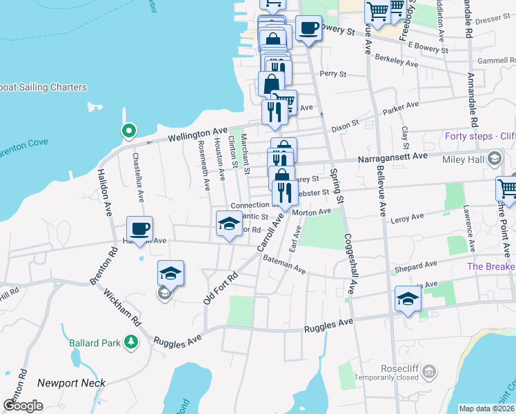 map of restaurants, bars, coffee shops, grocery stores, and more near 61 Marchant Street in Newport