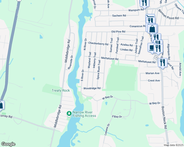 map of restaurants, bars, coffee shops, grocery stores, and more near 34 Inkberry Trail in Narragansett