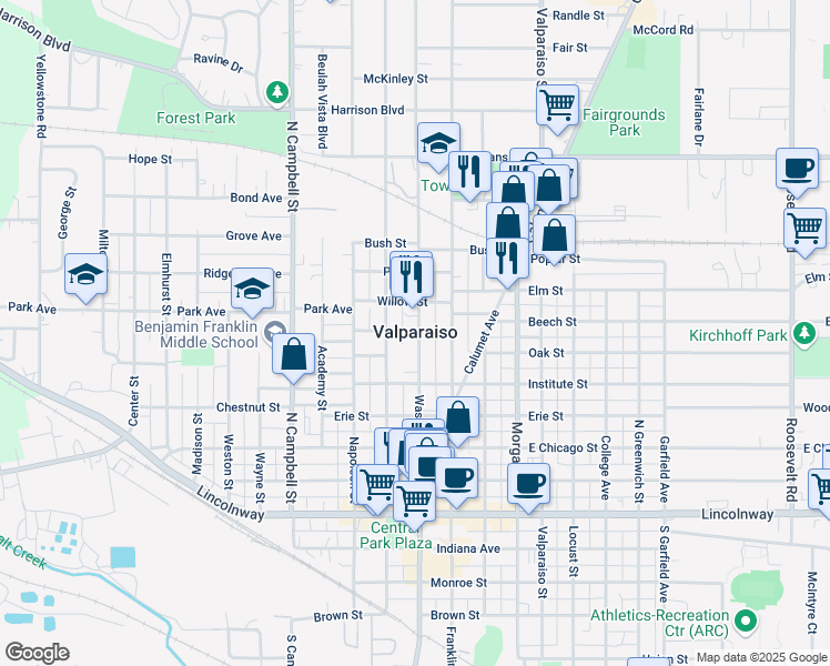 map of restaurants, bars, coffee shops, grocery stores, and more near 549 Washington Street in Valparaiso