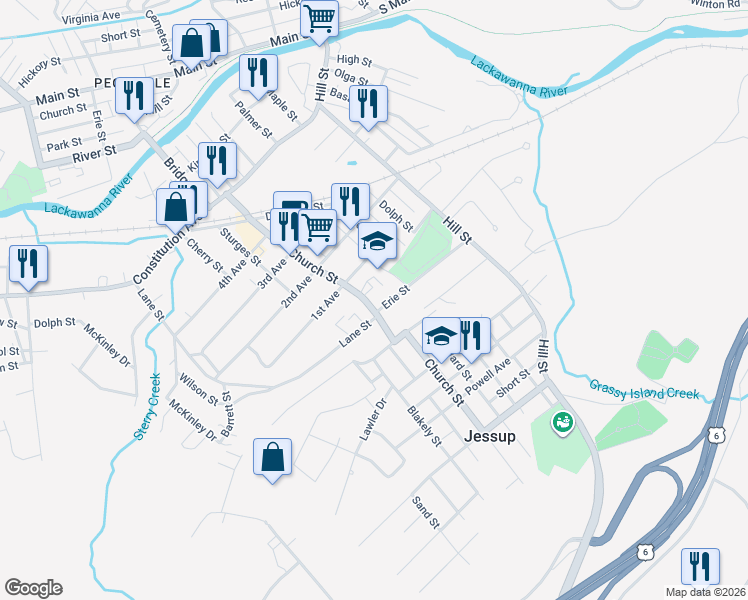 map of restaurants, bars, coffee shops, grocery stores, and more near 605 Church Street in Jessup
