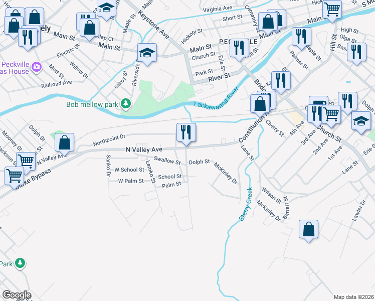 map of restaurants, bars, coffee shops, grocery stores, and more near 902 N Valley Ave in Olyphant