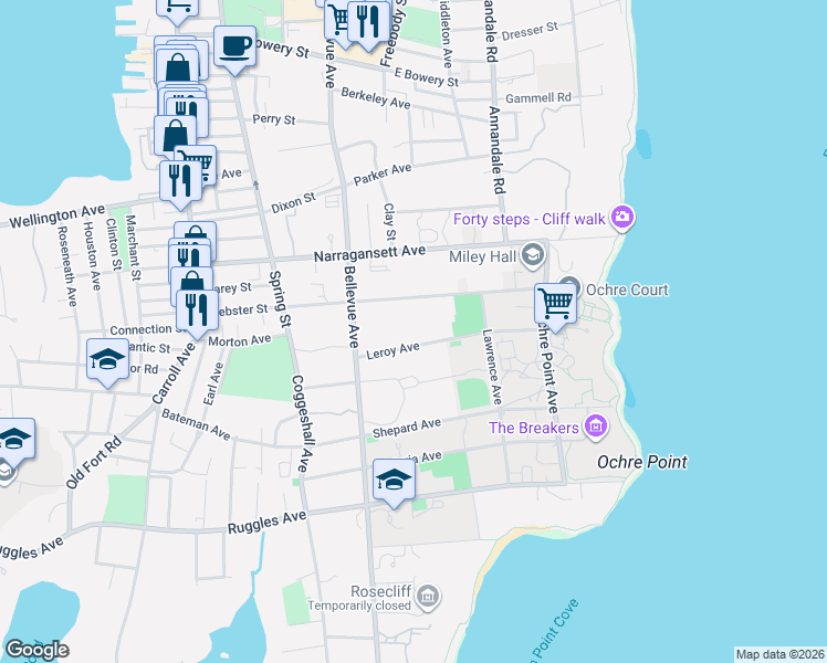 map of restaurants, bars, coffee shops, grocery stores, and more near 14 Leroy Avenue in Newport