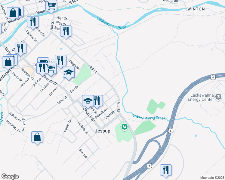 map of restaurants, bars, coffee shops, grocery stores, and more near 806 Hill St in Jessup
