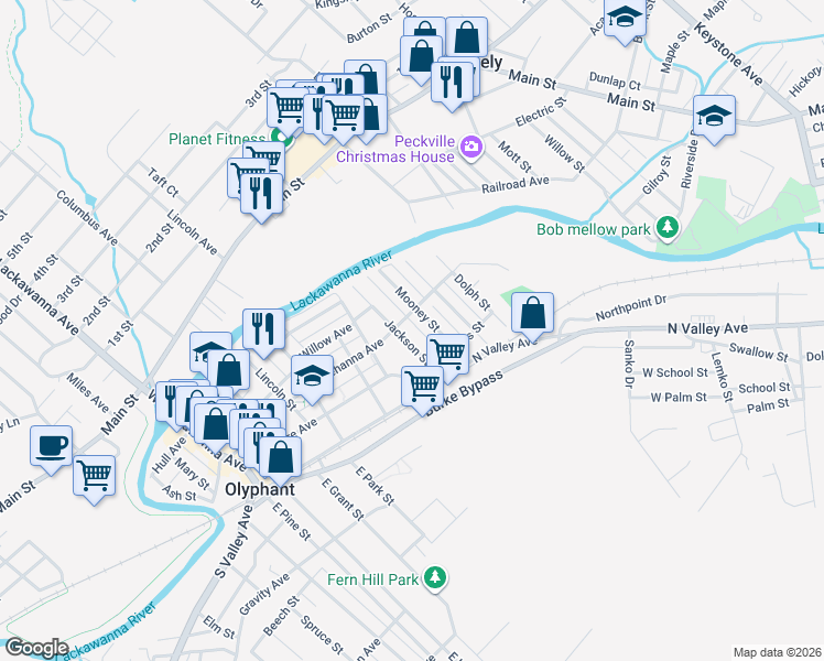 map of restaurants, bars, coffee shops, grocery stores, and more near 310 Jackson Street in Olyphant
