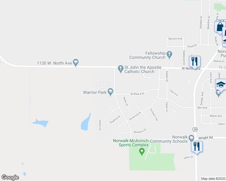 map of restaurants, bars, coffee shops, grocery stores, and more near 713 Orchard View Drive in Norwalk