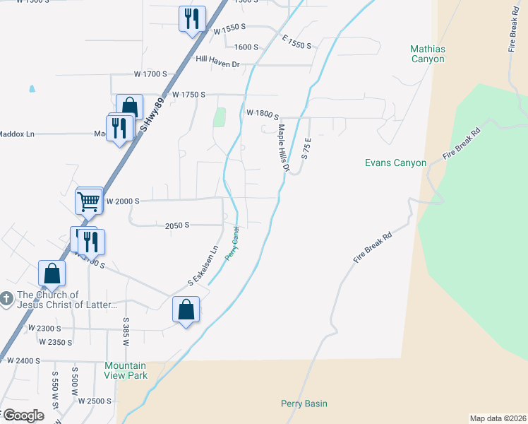 map of restaurants, bars, coffee shops, grocery stores, and more near 60 East 200 North in Perry