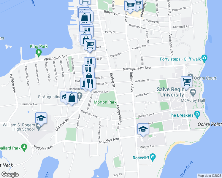 map of restaurants, bars, coffee shops, grocery stores, and more near 54 Morton Avenue in Newport