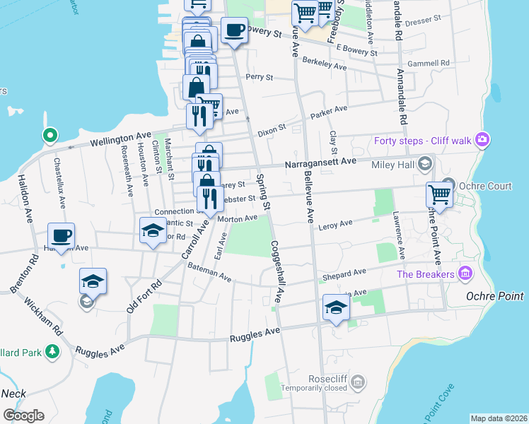 map of restaurants, bars, coffee shops, grocery stores, and more near 63 Webster Street in Newport