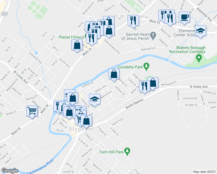 map of restaurants, bars, coffee shops, grocery stores, and more near 205 Jackson Street in Olyphant